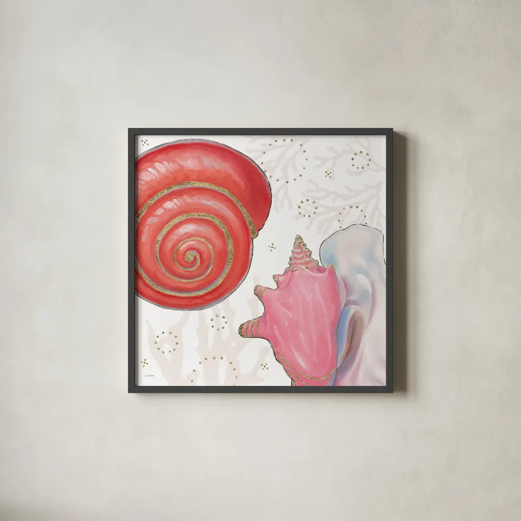 Shimmering Shells IV by James Wiens. Shown in a sleek black glass frame for a contemporary gallery look. Available as an archival giclee rolled canvas, fine art paper, or poster print. SKU 72589a.