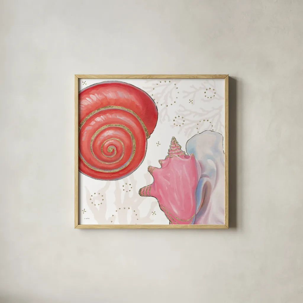Shimmering Shells IV by James Wiens. Shown in a natural wood glass frame for a timeless modern aesthetic. Available as an archival giclee rolled canvas, fine art paper, or poster print. SKU 72589a.