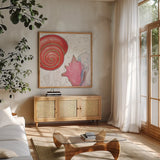 Shimmering Shells IV by James Wiens. Shown in a natural wood frame in a cozy modern living room. Available as an archival giclee rolled canvas, fine art paper, or poster print. SKU 72589a.