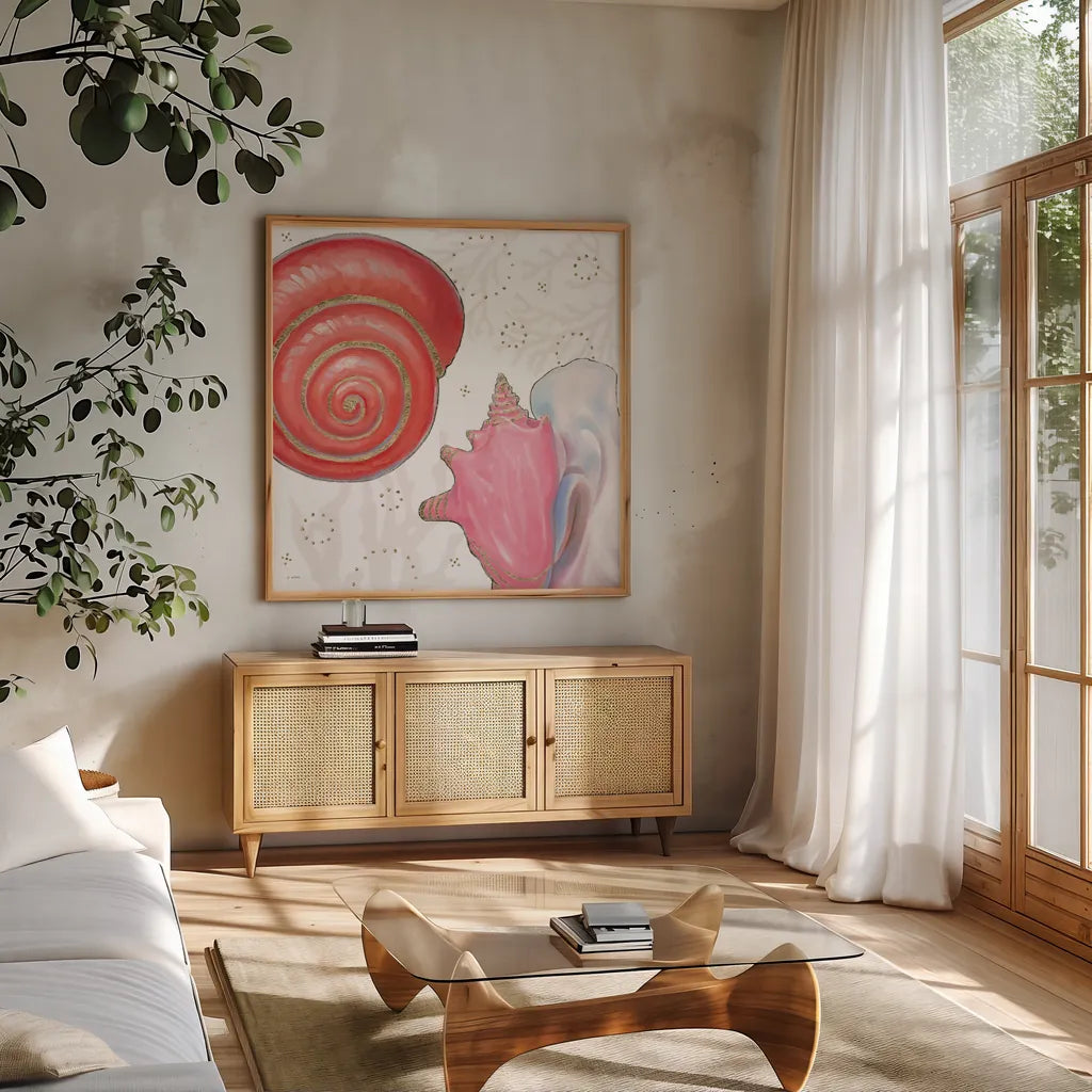 Shimmering Shells IV by James Wiens. Shown in a natural wood frame in a cozy modern living room. Available as an archival giclee rolled canvas, fine art paper, or poster print. SKU 72589a.