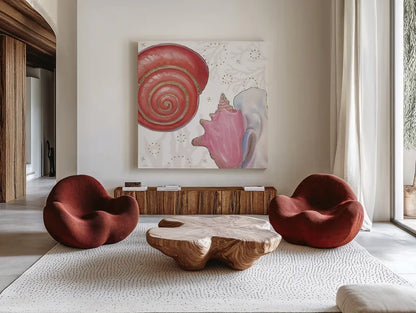 Shimmering Shells IV by James Wiens. Shown as extra-large giant wall art in a modern living room. Available as an archival giclee rolled canvas, fine art paper, or poster print. SKU 72589a.