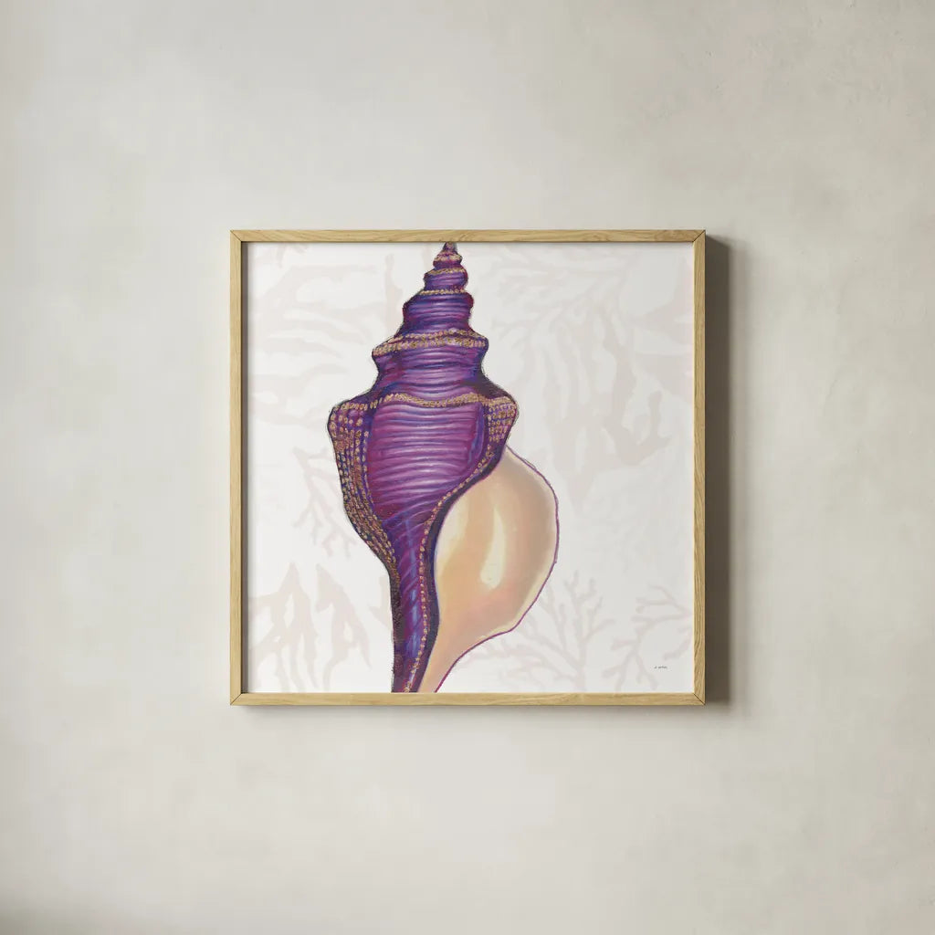 Shimmering Shells IX by James Wiens. Shown in a natural wood glass frame for a timeless modern aesthetic. Available as an archival giclee rolled canvas, fine art paper, or poster print. SKU 72594a.