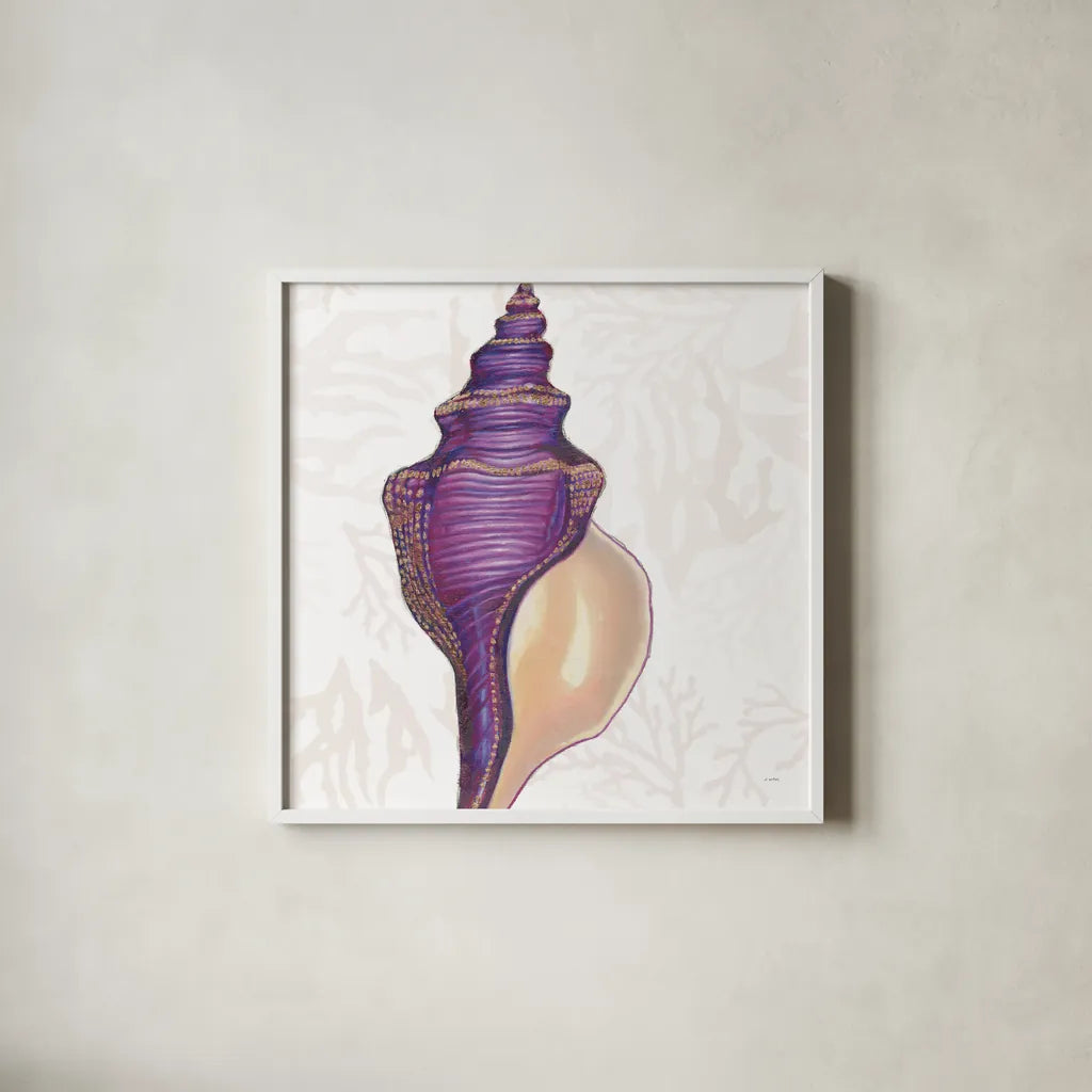 Shimmering Shells IX by James Wiens. Shown in a crisp white glass frame for a clean and minimalist style. Available as an archival giclee rolled canvas, fine art paper, or poster print. SKU 72594a.
