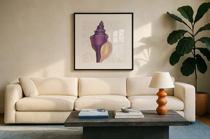 Shimmering Shells IX by James Wiens. Displayed in a glass frame with matte in a clean modern living room. Available as an archival giclee rolled canvas, fine art paper, or poster print. SKU 72594a.