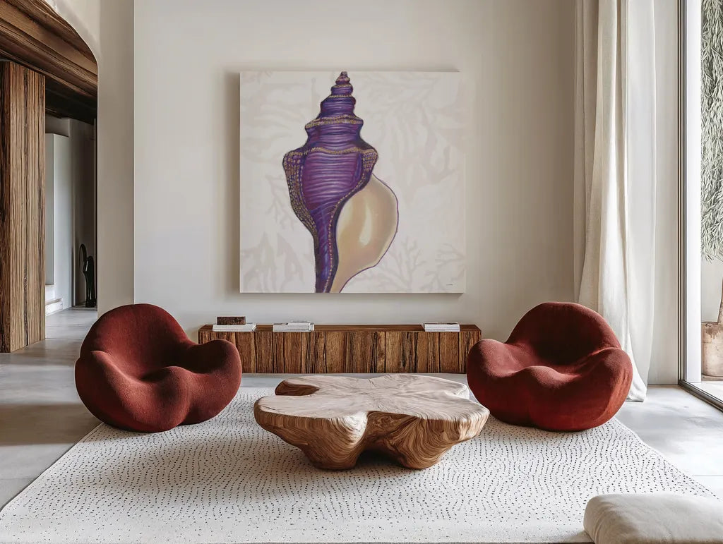 Shimmering Shells IX by James Wiens. Shown as extra-large giant wall art in a modern living room. Available as an archival giclee rolled canvas, fine art paper, or poster print. SKU 72594a.
