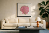 Shimmering Shells V by James Wiens. Displayed in a glass frame with matte in a clean modern living room. Available as an archival giclee rolled canvas, fine art paper, or poster print. SKU 72590a.