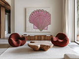 Shimmering Shells V by James Wiens. Shown as extra-large giant wall art in a modern living room. Available as an archival giclee rolled canvas, fine art paper, or poster print. SKU 72590a.