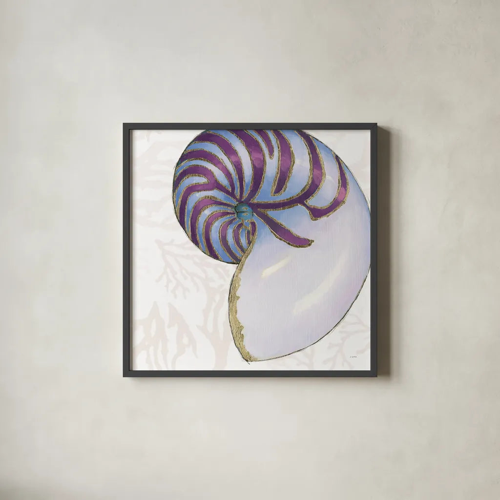 Shimmering Shells VI by James Wiens. Shown in a sleek black glass frame for a contemporary gallery look. Available as an archival giclee rolled canvas, fine art paper, or poster print. SKU 72591a.
