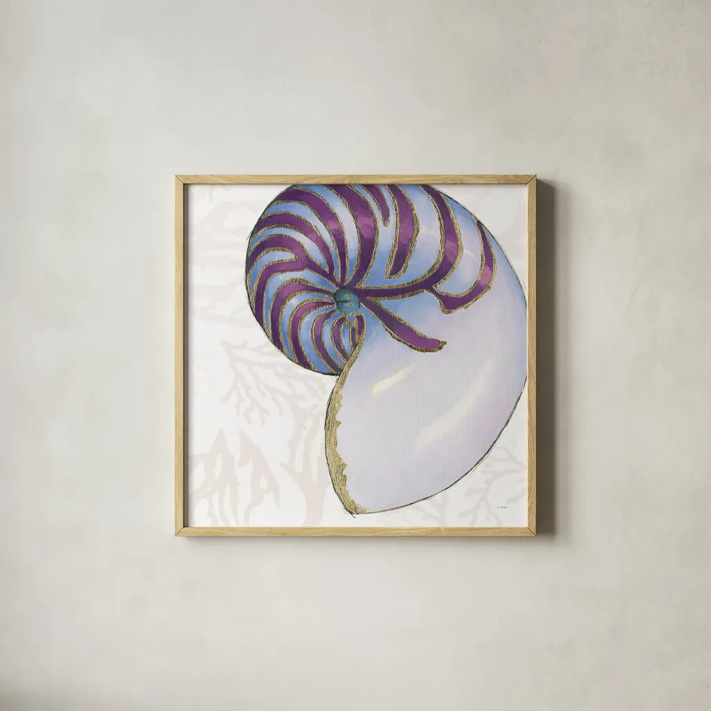 Shimmering Shells VI by James Wiens. Shown in a natural wood glass frame for a timeless modern aesthetic. Available as an archival giclee rolled canvas, fine art paper, or poster print. SKU 72591a.