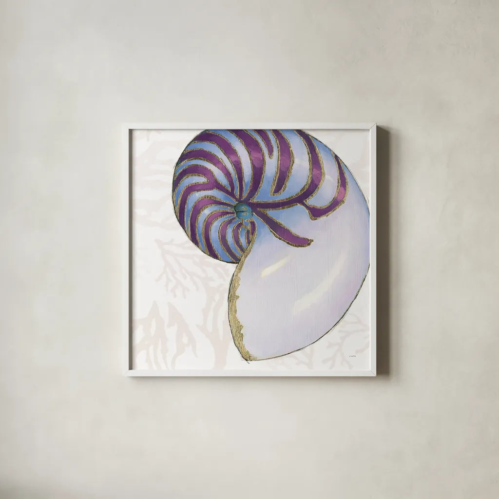 Shimmering Shells VI by James Wiens. Shown in a crisp white glass frame for a clean and minimalist style. Available as an archival giclee rolled canvas, fine art paper, or poster print. SKU 72591a.
