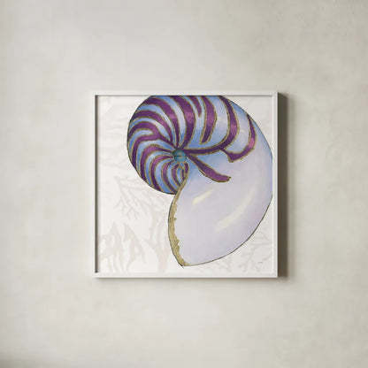 Shimmering Shells VI by James Wiens. Shown in a crisp white glass frame for a clean and minimalist style. Available as an archival giclee rolled canvas, fine art paper, or poster print. SKU 72591a.