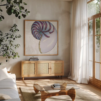 Shimmering Shells VI by James Wiens. Shown in a natural wood frame in a cozy modern living room. Available as an archival giclee rolled canvas, fine art paper, or poster print. SKU 72591a.