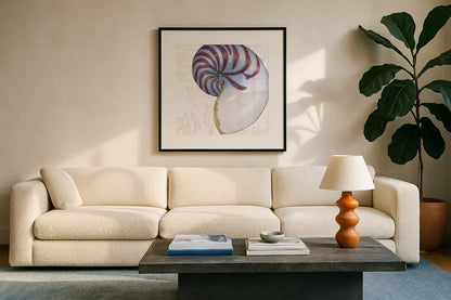 Shimmering Shells VI by James Wiens. Displayed in a glass frame with matte in a clean modern living room. Available as an archival giclee rolled canvas, fine art paper, or poster print. SKU 72591a.