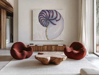 Shimmering Shells VI by James Wiens. Shown as extra-large giant wall art in a modern living room. Available as an archival giclee rolled canvas, fine art paper, or poster print. SKU 72591a.