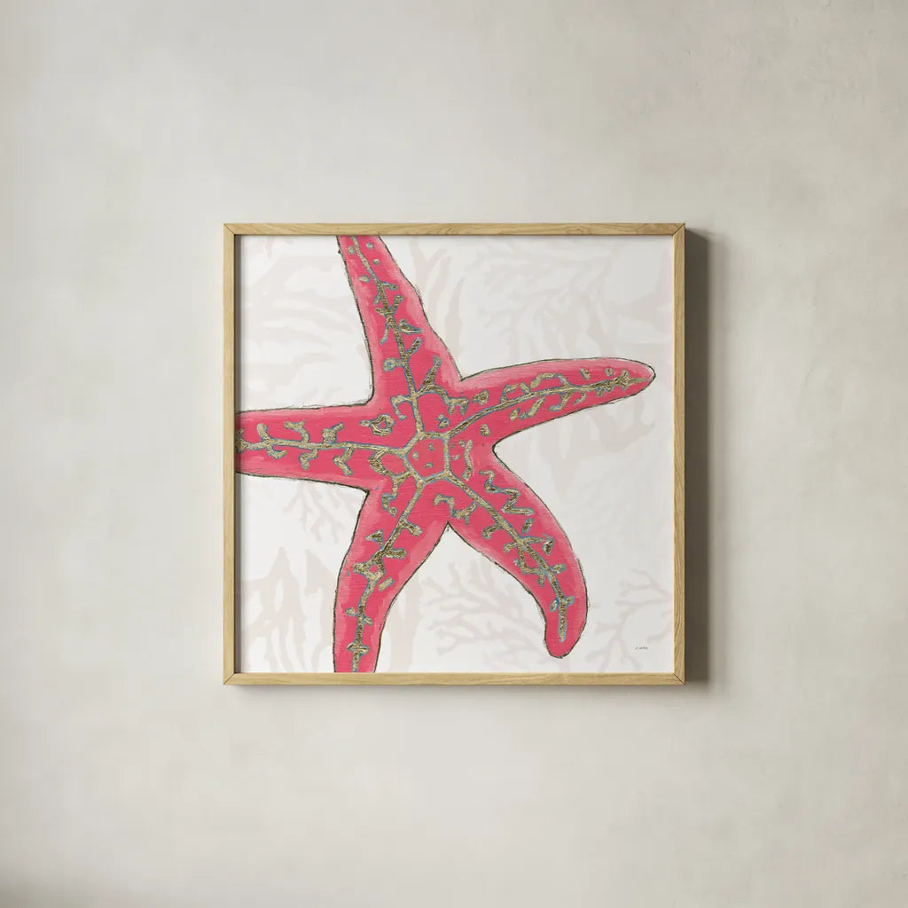 Shimmering Shells VIII by James Wiens. Shown in a natural wood glass frame for a timeless modern aesthetic. Available as an archival giclee rolled canvas, fine art paper, or poster print. SKU 72593a.