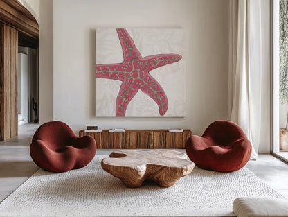 Shimmering Shells VIII by James Wiens. Shown as extra-large giant wall art in a modern living room. Available as an archival giclee rolled canvas, fine art paper, or poster print. SKU 72593a.
