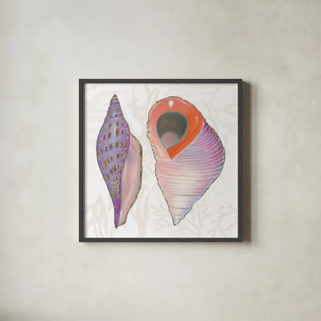 Shimmering Shells X by James Wiens. Shown in a sleek black glass frame for a contemporary gallery look. Available as an archival giclee rolled canvas, fine art paper, or poster print. SKU 72595a.