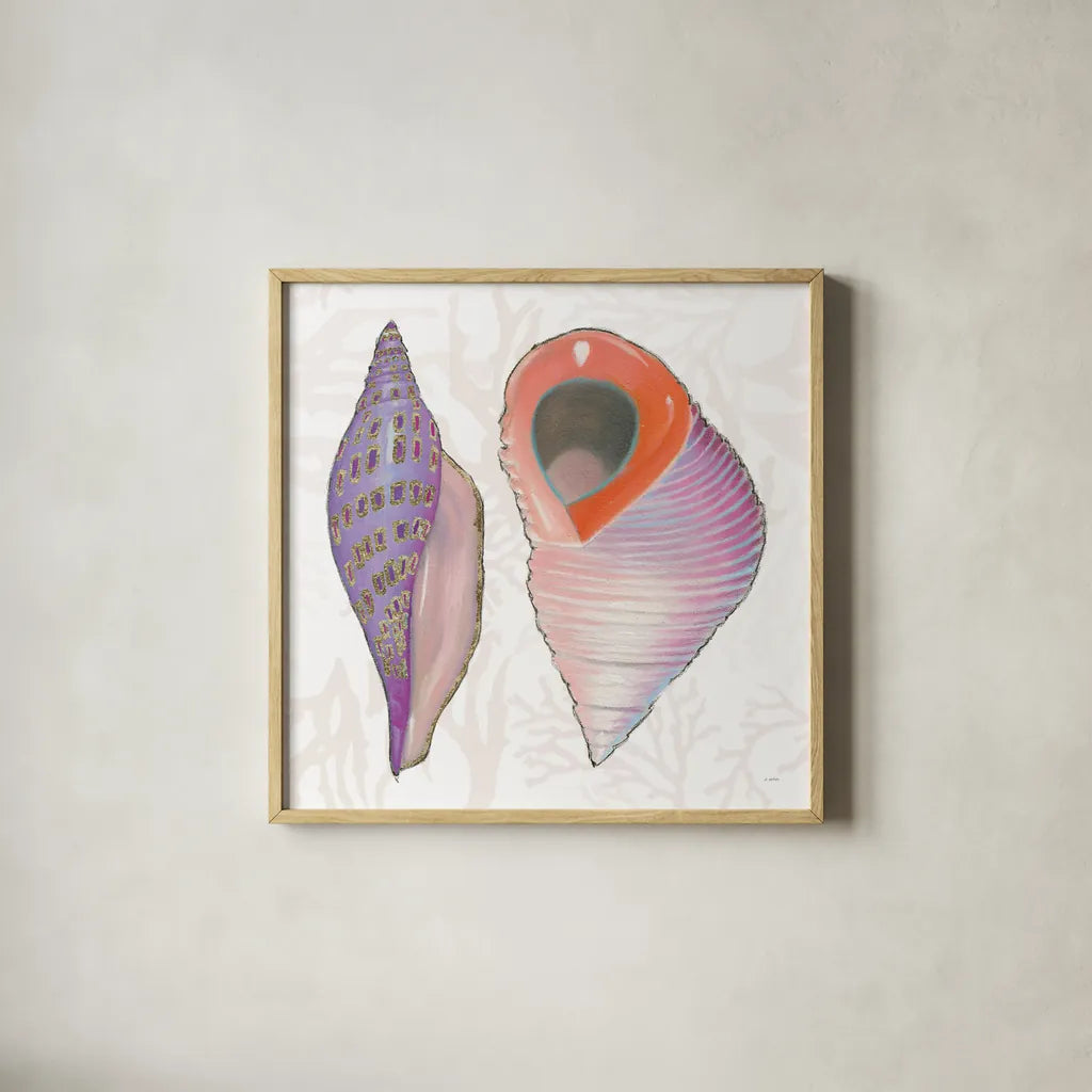 Shimmering Shells X by James Wiens. Shown in a natural wood glass frame for a timeless modern aesthetic. Available as an archival giclee rolled canvas, fine art paper, or poster print. SKU 72595a.