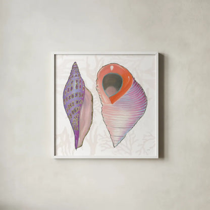Shimmering Shells X by James Wiens. Shown in a crisp white glass frame for a clean and minimalist style. Available as an archival giclee rolled canvas, fine art paper, or poster print. SKU 72595a.