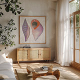 Shimmering Shells X by James Wiens. Shown in a natural wood frame in a cozy modern living room. Available as an archival giclee rolled canvas, fine art paper, or poster print. SKU 72595a.