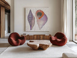 Shimmering Shells X by James Wiens. Shown as extra-large giant wall art in a modern living room. Available as an archival giclee rolled canvas, fine art paper, or poster print. SKU 72595a.