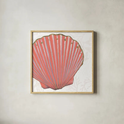Shimmering Shells XI by James Wiens. Shown in a natural wood glass frame for a timeless modern aesthetic. Available as an archival giclee rolled canvas, fine art paper, or poster print. SKU 72596a.