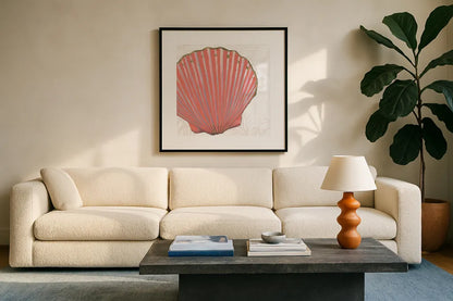 Shimmering Shells XI by James Wiens. Displayed in a glass frame with matte in a clean modern living room. Available as an archival giclee rolled canvas, fine art paper, or poster print. SKU 72596a.