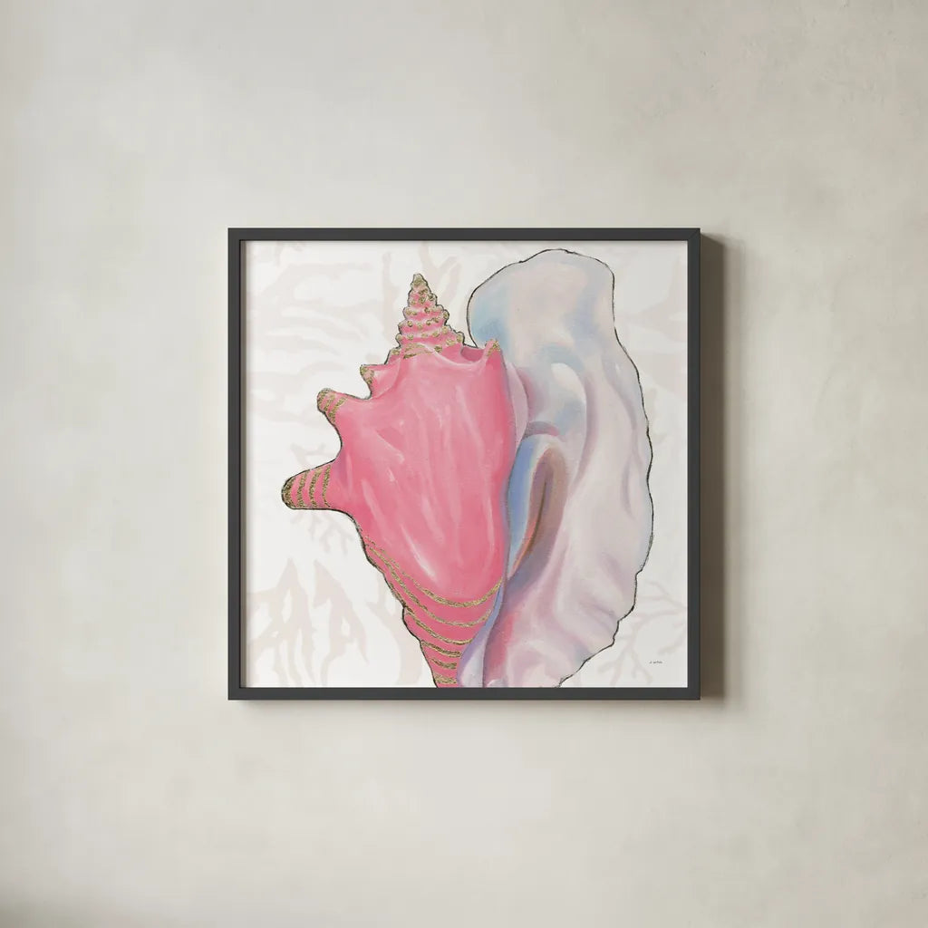 Shimmering Shells XII by James Wiens. Shown in a sleek black glass frame for a contemporary gallery look. Available as an archival giclee rolled canvas, fine art paper, or poster print. SKU 72597a.