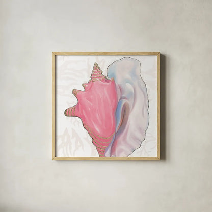 Shimmering Shells XII by James Wiens. Shown in a natural wood glass frame for a timeless modern aesthetic. Available as an archival giclee rolled canvas, fine art paper, or poster print. SKU 72597a.