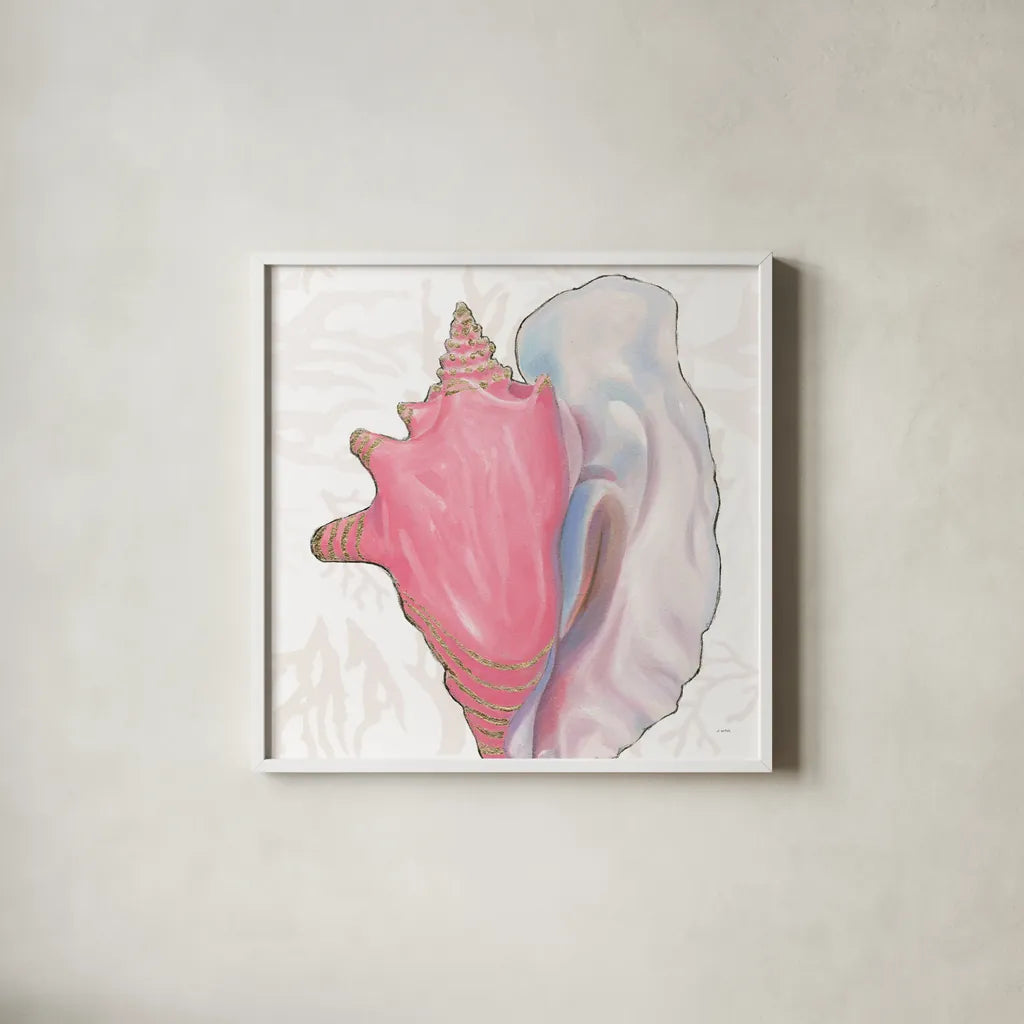 Shimmering Shells XII by James Wiens. Shown in a crisp white glass frame for a clean and minimalist style. Available as an archival giclee rolled canvas, fine art paper, or poster print. SKU 72597a.