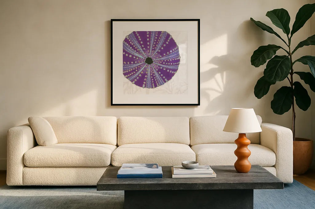 Shimmering Shells XIV by James Wiens. Displayed in a glass frame with matte in a clean modern living room. Available as an archival giclee rolled canvas, fine art paper, or poster print. SKU 72599a.