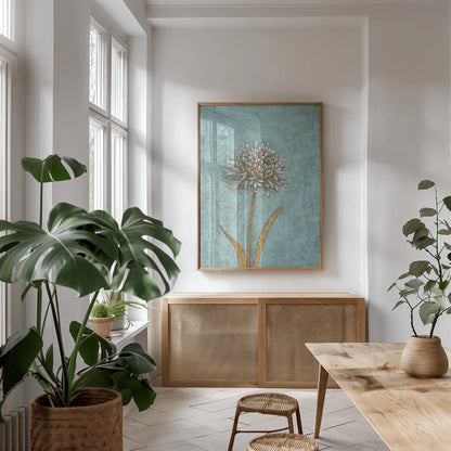 Shimmering Summer I by James Wiens. shown as a print in a natural wood frame in a dining room. Available as a archival giclee rolled canvas, fine art paper, or poster print. SKU 50890h.