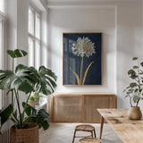Shimmering Summer I Indigo Crop by James Wiens. shown as a print in a natural wood frame in a dining room. Available as a archival giclee rolled canvas, fine art paper, or poster print. SKU 52069h.