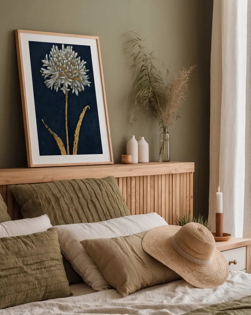 Shimmering Summer I Indigo Crop by James Wiens. shown as a paper print in a natural frame. Available as a archival giclee rolled canvas, fine art paper, or poster print. SKU 52069h.