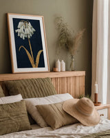 Shimmering Summer II Indigo Crop by James Wiens. shown as a paper print in a natural frame. Available as a archival giclee rolled canvas, fine art paper, or poster print. SKU 52070h.