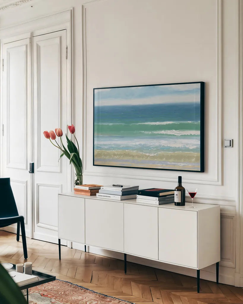 Shoreline by James Wiens. shown as a framed stretched canvas in a living room above a console. Available as a archival giclee rolled canvas, fine art paper, or poster print. SKU 63186i.