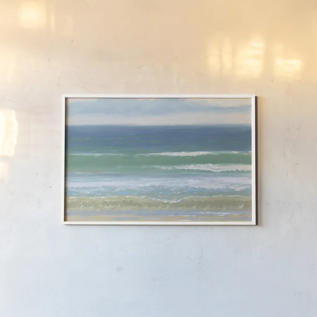 Shoreline by James Wiens. shown as a paper print in a white frame. Available as a archival giclee rolled canvas, fine art paper, or poster print. SKU 63186i.