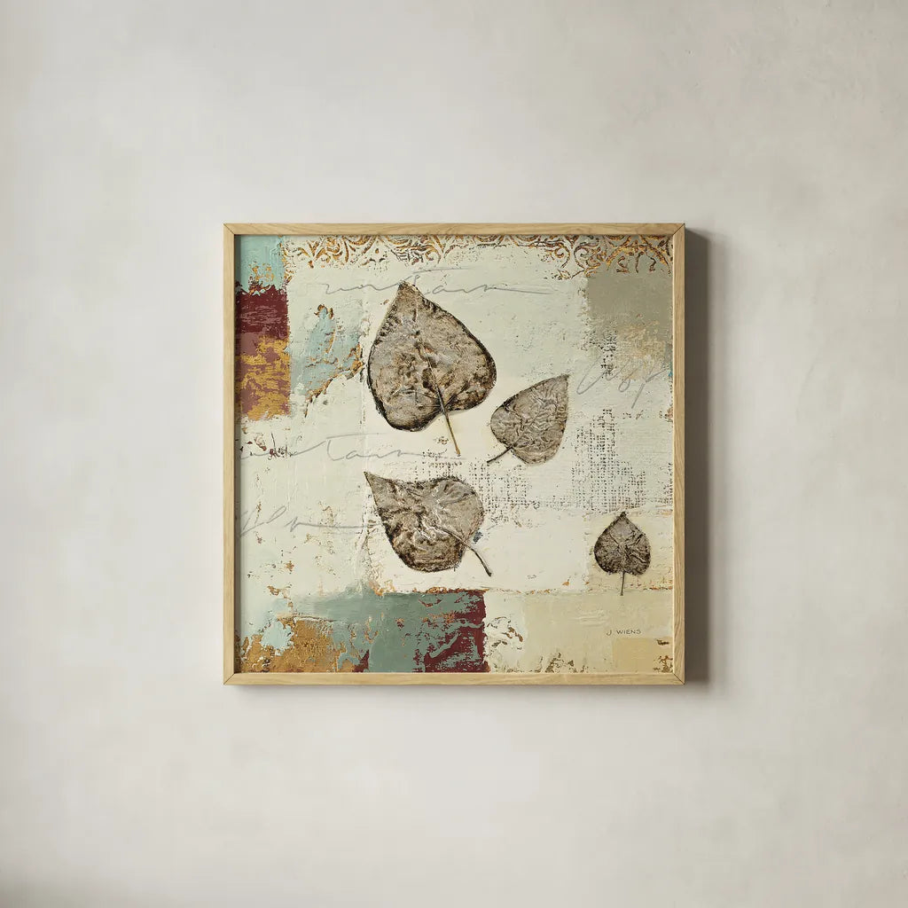 Silver Leaves I by James Wiens. Shown in a natural wood glass frame for a timeless modern aesthetic. Available as an archival giclee rolled canvas, fine art paper, or poster print. SKU 12258a.