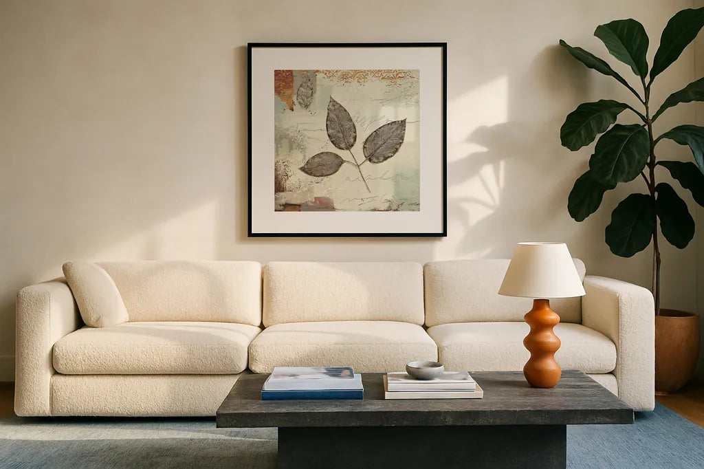 Silver Leaves II by James Wiens. Displayed in a glass frame with matte in a clean modern living room. Available as an archival giclee rolled canvas, fine art paper, or poster print. SKU 12259a.