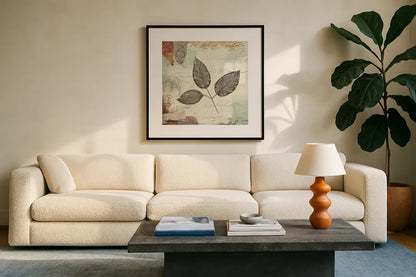 Silver Leaves II by James Wiens. Displayed in a glass frame with matte in a clean modern living room. Available as an archival giclee rolled canvas, fine art paper, or poster print. SKU 12259a.