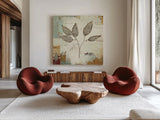 Silver Leaves III by James Wiens. Shown as extra-large giant wall art in a modern living room. Available as an archival giclee rolled canvas, fine art paper, or poster print. SKU 12260a.