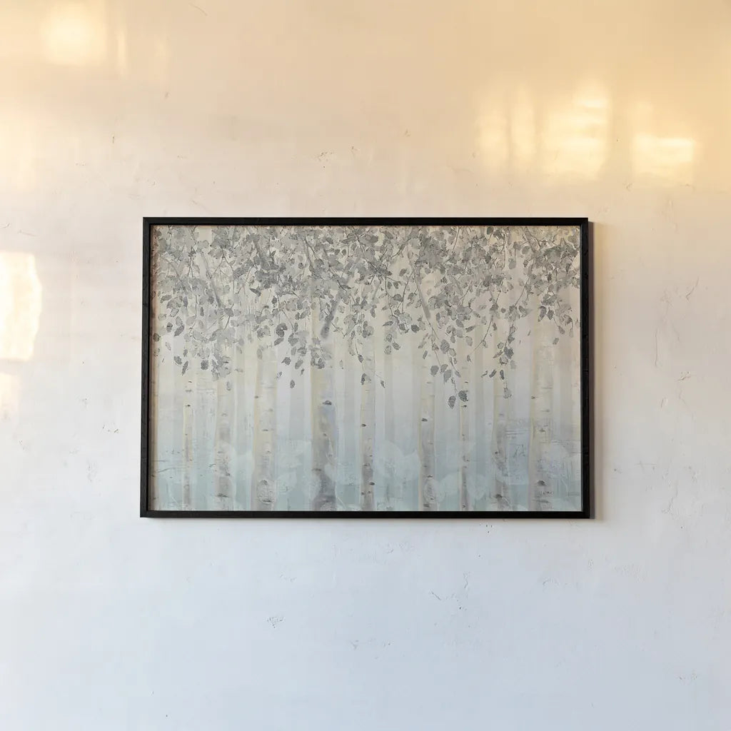 Silver and Gray Dream Forest I by James Wiens. shown as a paper print in a black flame. Available as a archival giclee rolled canvas, fine art paper, or poster print. SKU 26515i.