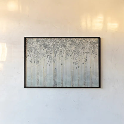 Silver and Gray Dream Forest I by James Wiens. shown as a paper print in a black flame. Available as a archival giclee rolled canvas, fine art paper, or poster print. SKU 26515i.