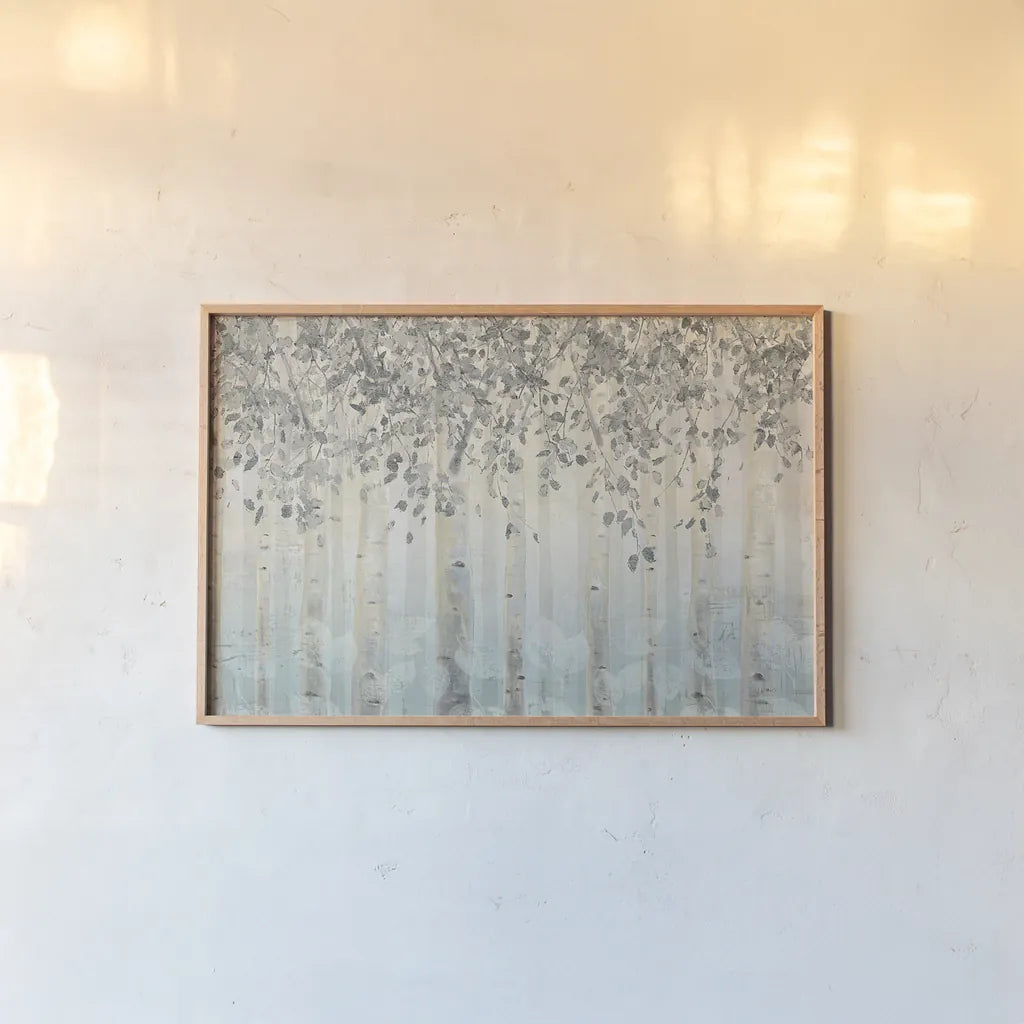 Silver and Gray Dream Forest I by James Wiens. shown as a paper print in a natural frame. Available as a archival giclee rolled canvas, fine art paper, or poster print. SKU 26515i.