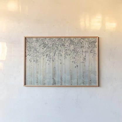Silver and Gray Dream Forest I by James Wiens. shown as a paper print in a natural frame. Available as a archival giclee rolled canvas, fine art paper, or poster print. SKU 26515i.