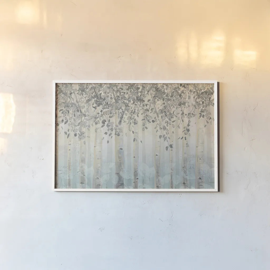 Silver and Gray Dream Forest I by James Wiens. shown as a paper print in a white frame. Available as a archival giclee rolled canvas, fine art paper, or poster print. SKU 26515i.