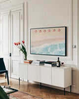 Sky Seaview I by James Wiens. shown as a framed stretched canvas in a living room above a console. Available as a archival giclee rolled canvas, fine art paper, or poster print. SKU 46971i.