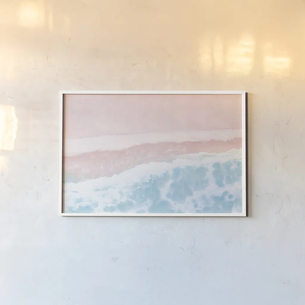 Sky Seaview I No Umbrellas Pink by James Wiens. shown as a paper print in a white frame. Available as a archival giclee rolled canvas, fine art paper, or poster print. SKU 60960i.