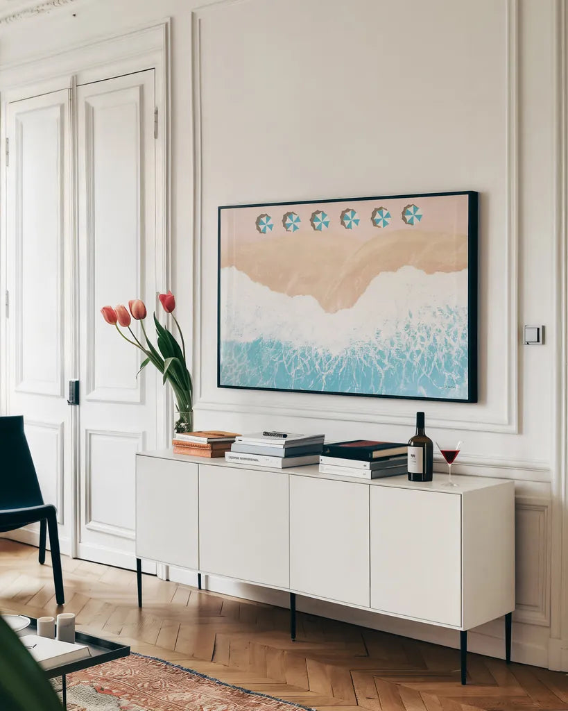 Sky Seaview II by James Wiens. shown as a framed stretched canvas in a living room above a console. Available as a archival giclee rolled canvas, fine art paper, or poster print. SKU 46972i.
