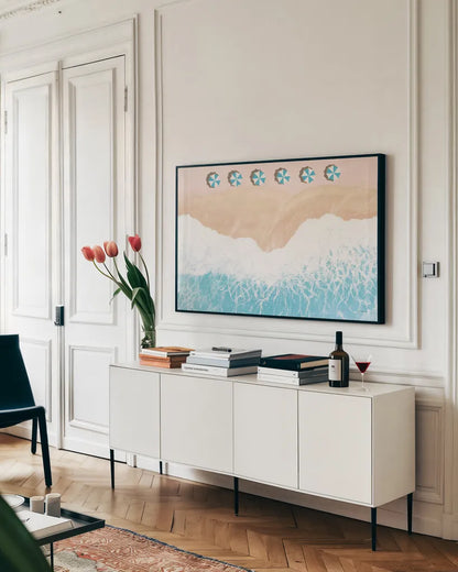 Sky Seaview II by James Wiens. shown as a framed stretched canvas in a living room above a console. Available as a archival giclee rolled canvas, fine art paper, or poster print. SKU 46972i.